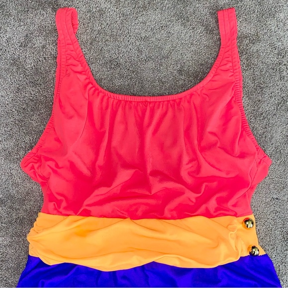 L 12 VTG Le Cove 90’s Neon Colorblock Low Back One Piece Ruched Swimsuit - Picture 3 of 12